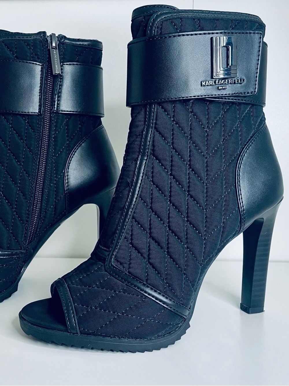 Karl Lagerfeld Black Quilted Peep-Toe Ankle Boots with Logo Plaque